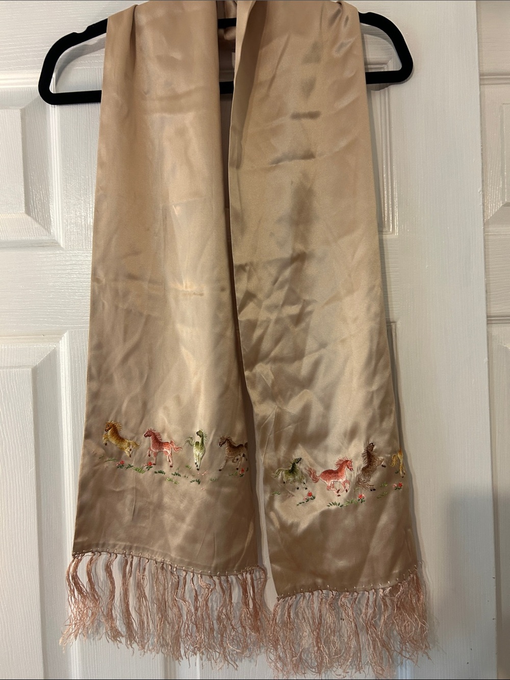 Chinese 100% Pure Silk Embroidered Horse Fringe Satin Scarf in Blush